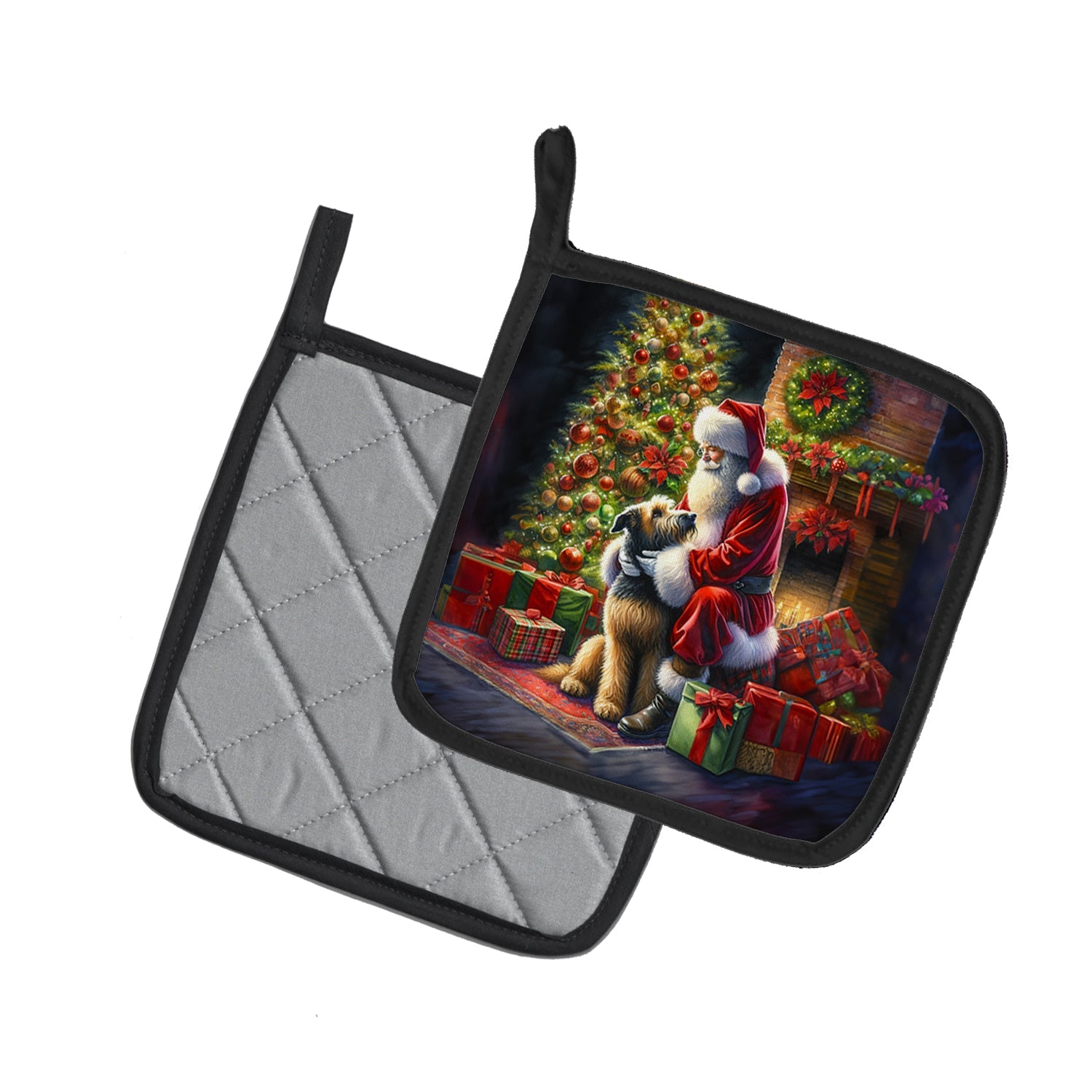 Irish Wolfhound and Santa Claus Pot Holder Set of 2 Heat Resistant Quilted Hot Pads 7.5 x 7.5 Inch, Insulated Kitchen Trivets for Cooking & Baking