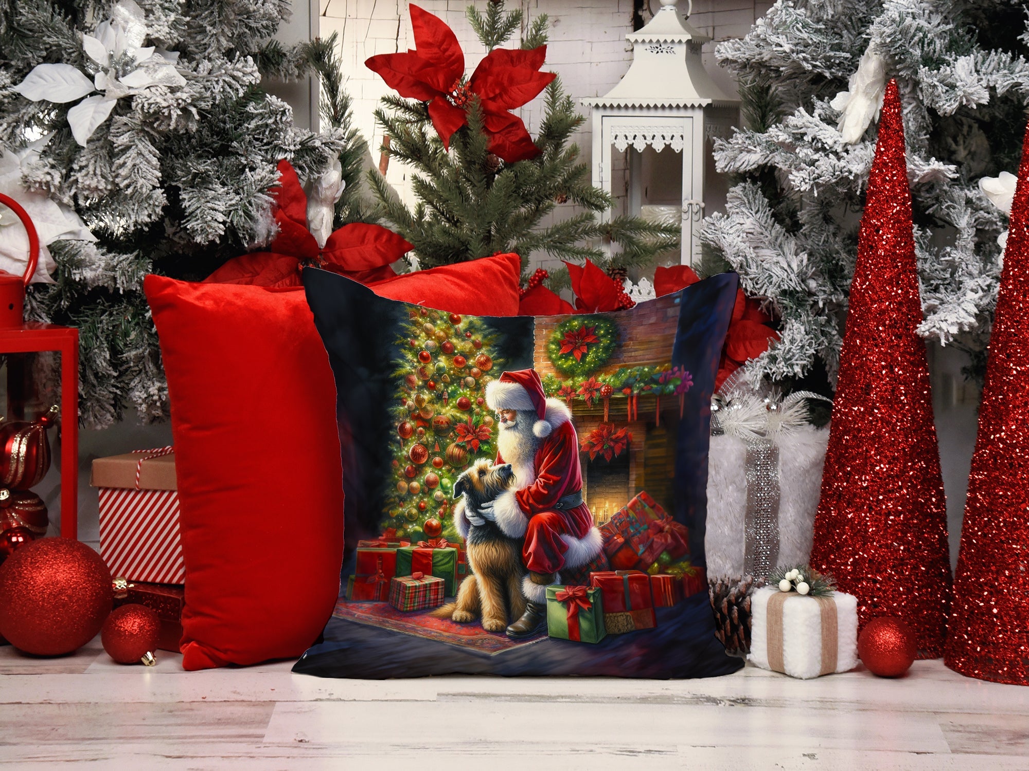 Irish Wolfhound and Santa Claus Decorative Throw Pillow 14x14 Indoor Outdoor Accent Cushion, Fabric Cover with Insert for Sofa, Bed, Porch & Living Room