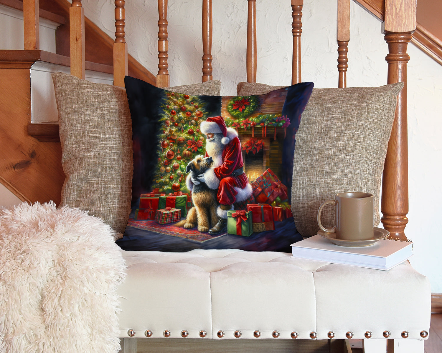Irish Wolfhound and Santa Claus Decorative Throw Pillow 14x14 Indoor Outdoor Accent Cushion, Fabric Cover with Insert for Sofa, Bed, Porch & Living Room