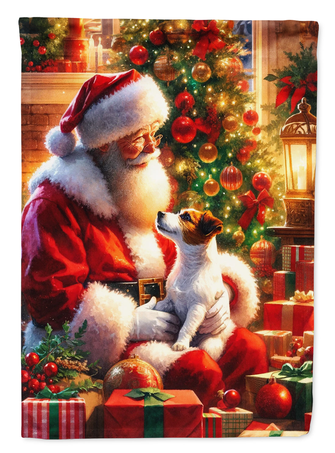 Jack Russell Terrier and Santa Claus House Flag 28x40 Porch Sleeve Pole Decorative Outside Yard Banner Artwork Wall Hanging, Polyester