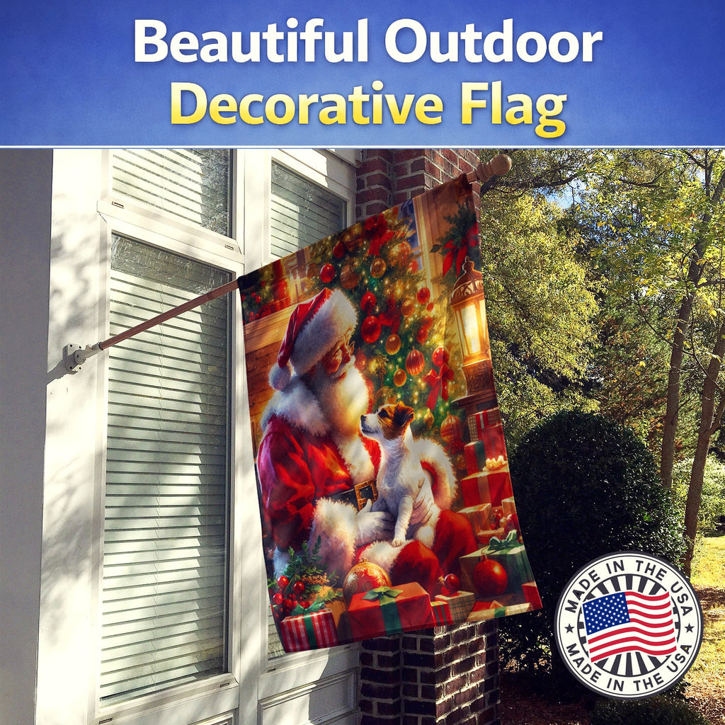 Jack Russell Terrier and Santa Claus House Flag 28x40 Porch Sleeve Pole Decorative Outside Yard Banner Artwork Wall Hanging, Polyester