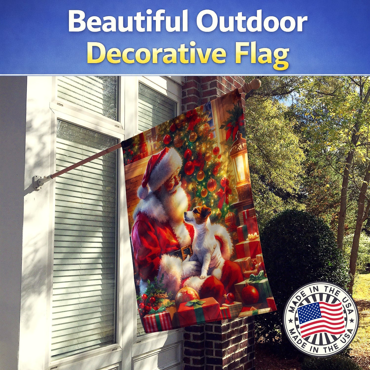 Jack Russell Terrier and Santa Claus House Flag 28x40 Porch Sleeve Pole Decorative Outside Yard Banner Artwork Wall Hanging, Polyester