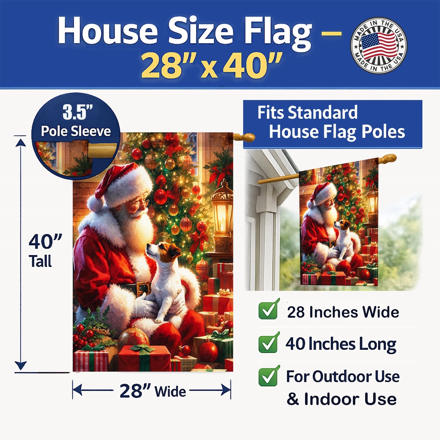 Jack Russell Terrier and Santa Claus House Flag 28x40 Porch Sleeve Pole Decorative Outside Yard Banner Artwork Wall Hanging, Polyester