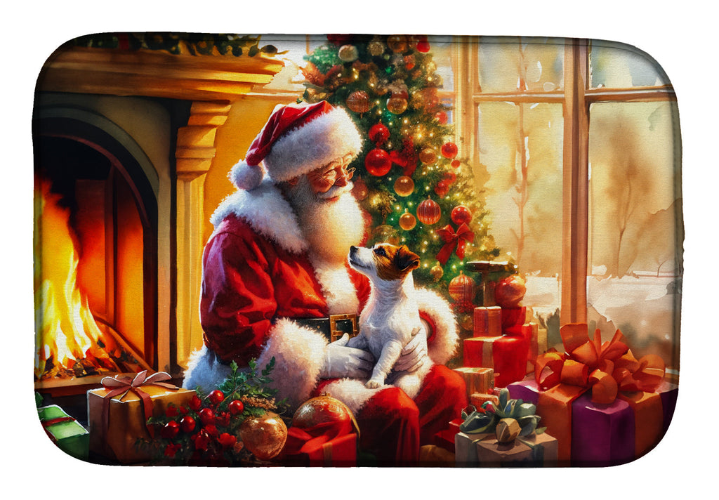 Jack Russell Terrier and Santa Claus Dish Drying Mat Absorbent Dish Drying Mat Pad for Kitchen Counter Dish Drainer Mat for Countertop, 14 x 21", Multicolor