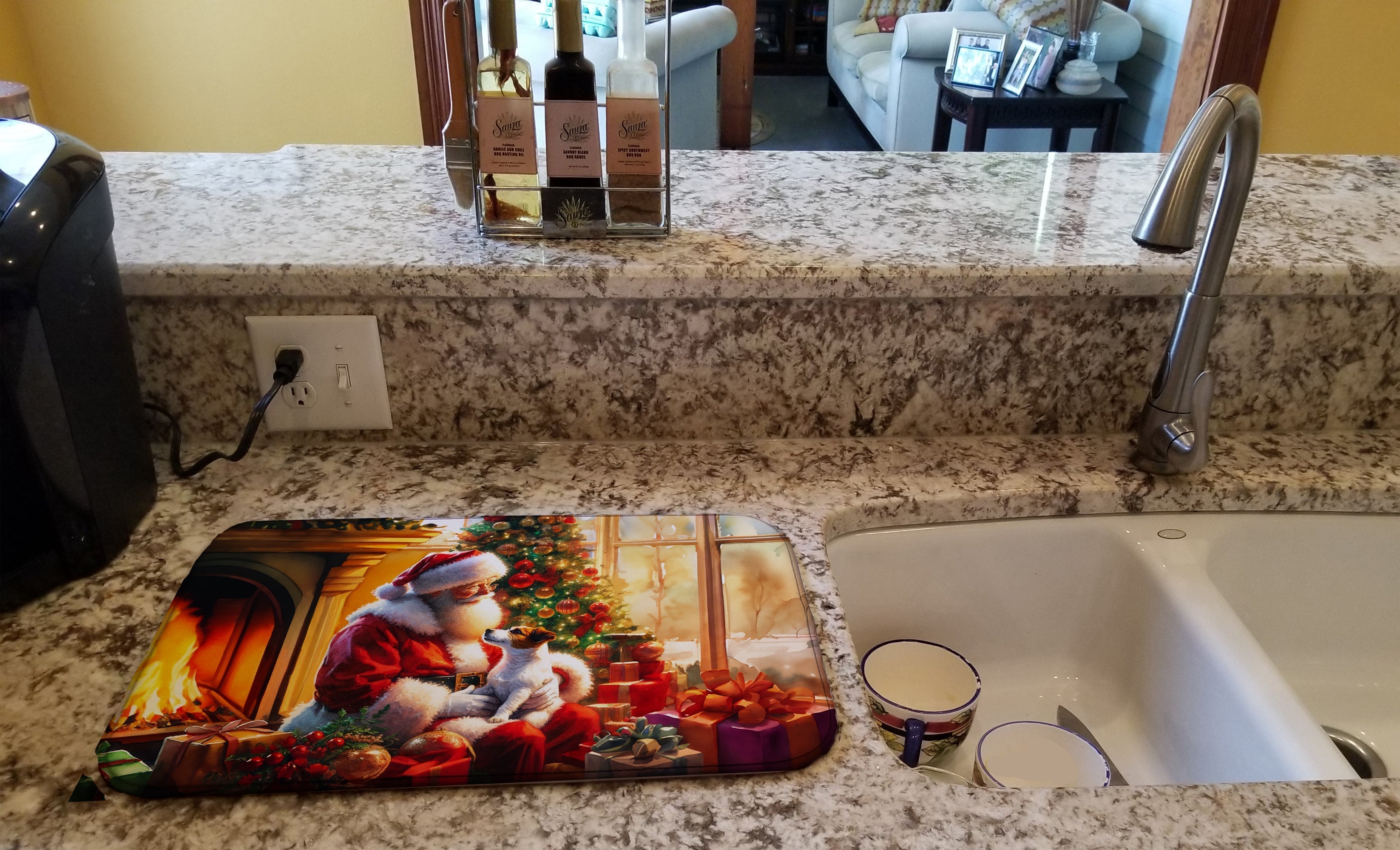Jack Russell Terrier and Santa Claus Dish Drying Mat Absorbent Dish Drying Mat Pad for Kitchen Counter Dish Drainer Mat for Countertop, 14 x 21", Multicolor