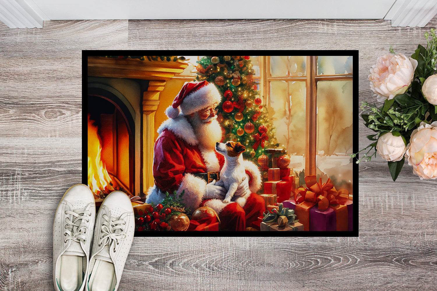 Jack Russell Terrier and Santa Claus Doormat Indoor Outdoor 24H X 36W Front Door Mat Rugs for Entryway, Non Slip Washable Low Pile,