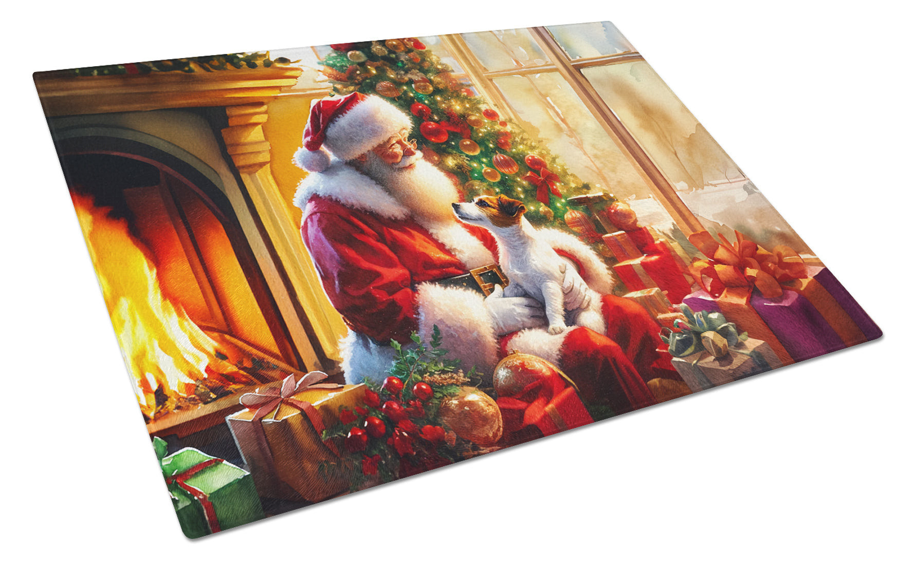 Jack Russell Terrier and Santa Claus Cutting Board Tempered Glass Kitchen Cutting Surface, Heat Resistant Chopping, Non-Slip Feet, Food Prep & Serving
