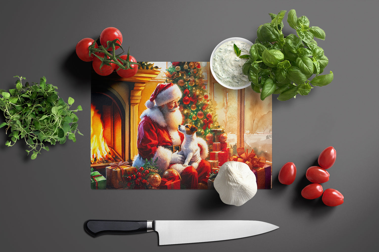 Jack Russell Terrier and Santa Claus Cutting Board Tempered Glass Kitchen Cutting Surface, Heat Resistant Chopping, Non-Slip Feet, Food Prep & Serving