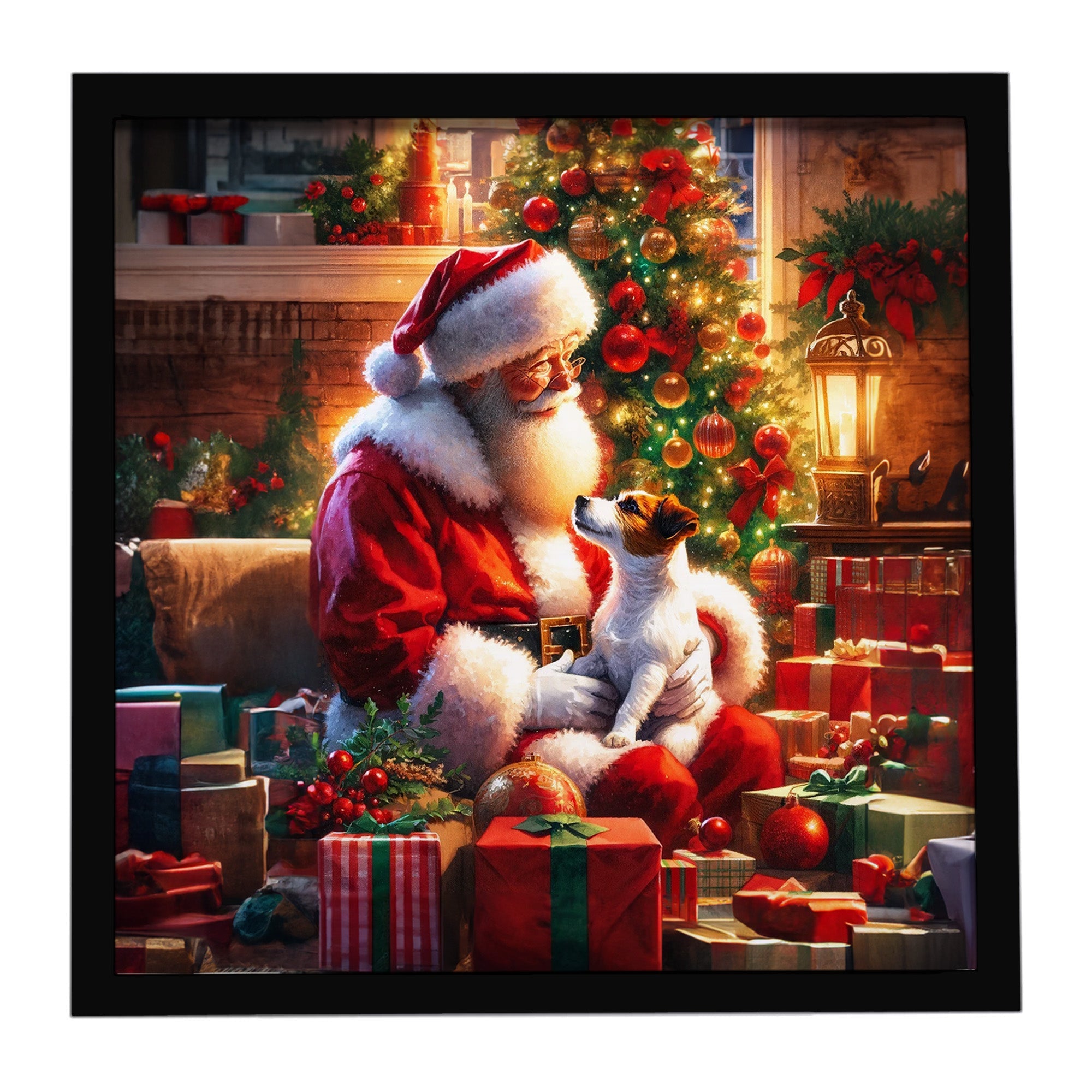 Jack Russell Terrier and Santa Claus Framed Metal Print Bathroom, Kitchen, Office, Home Decor Wall Art Ready to Hang, Square, 8X8