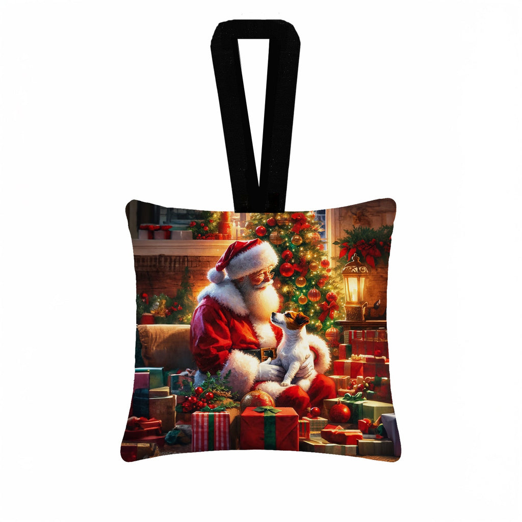 Jack Russell Terrier and Santa Claus Hanging Square Fabric Ornament 3.5 × 3.5 Decorative Door-Knob & Tree Hanger, Soft Fabric