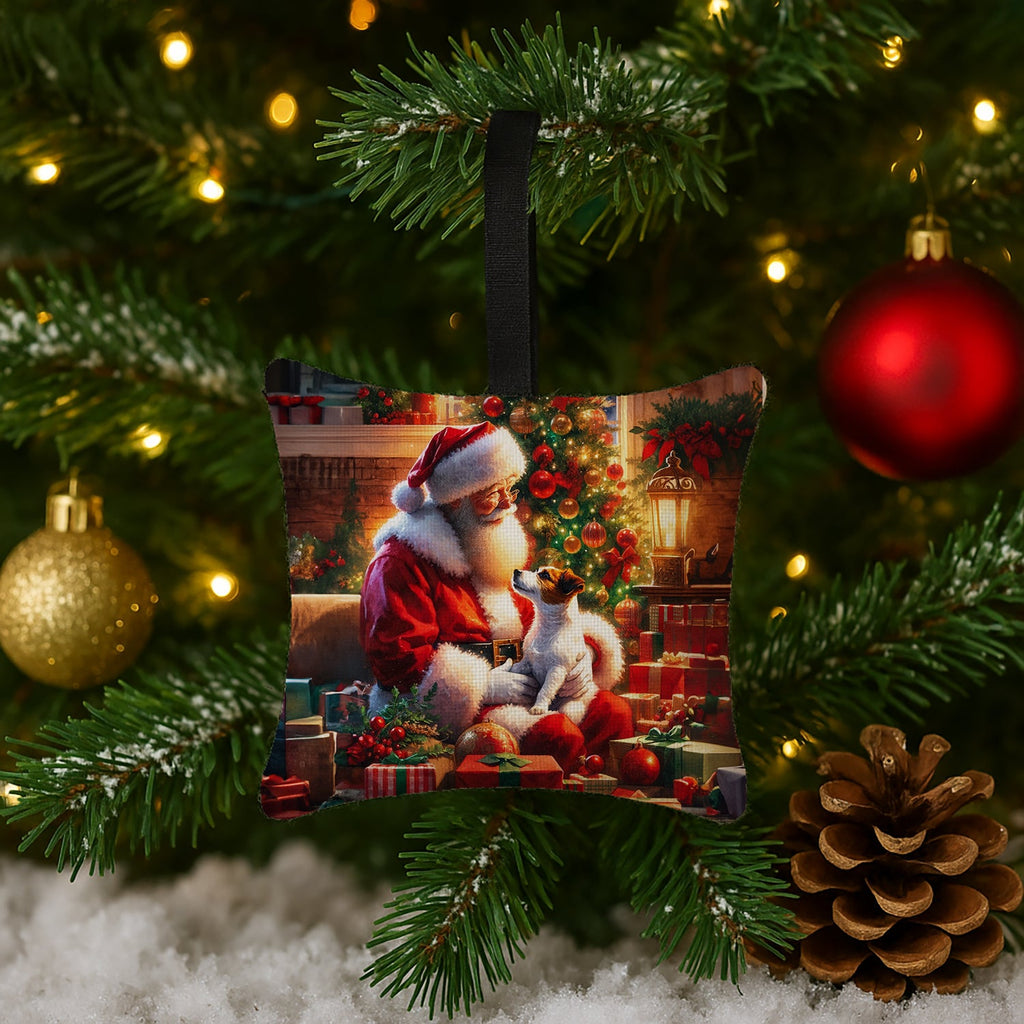 Jack Russell Terrier and Santa Claus Hanging Square Fabric Ornament 3.5 × 3.5 Decorative Door-Knob & Tree Hanger, Soft Fabric
