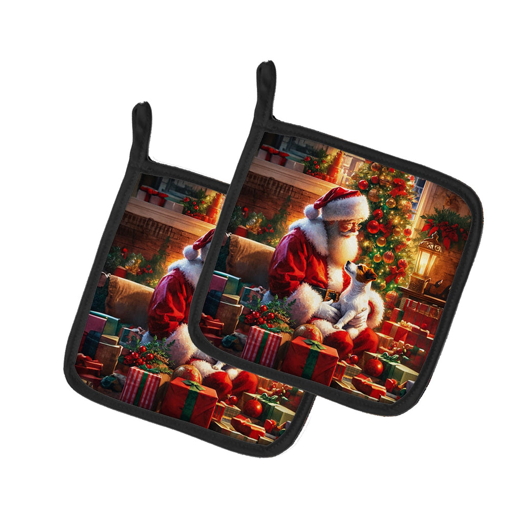 Jack Russell Terrier and Santa Claus Pot Holder Set of 2 Heat Resistant Quilted Hot Pads 7.5 x 7.5 Inch, Insulated Kitchen Trivets for Cooking & Baking