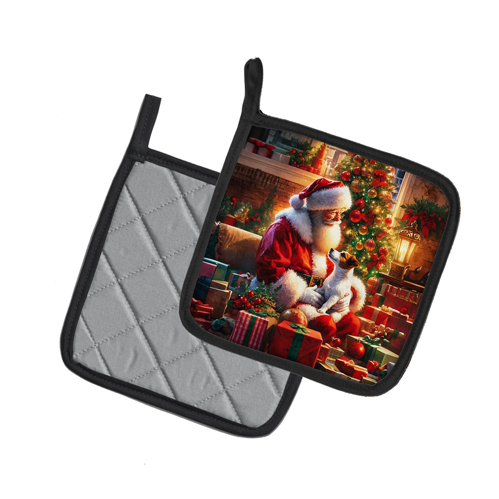 Jack Russell Terrier and Santa Claus Pot Holder Set of 2 Heat Resistant Quilted Hot Pads 7.5 x 7.5 Inch, Insulated Kitchen Trivets for Cooking & Baking