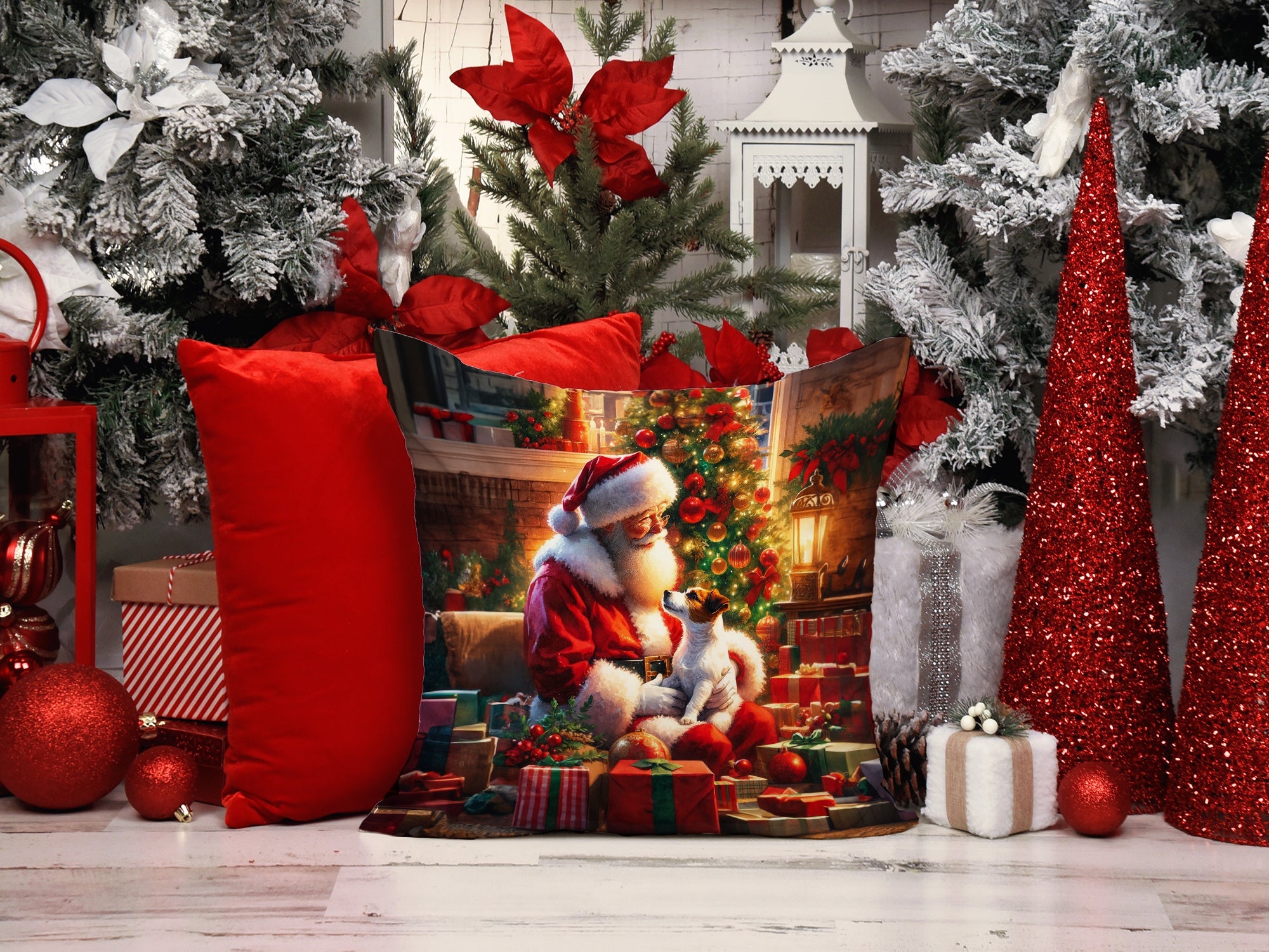 Jack Russell Terrier and Santa Claus Decorative Throw Pillow 14x14 Indoor Outdoor Accent Cushion, Fabric Cover with Insert for Sofa, Bed, Porch & Living Room