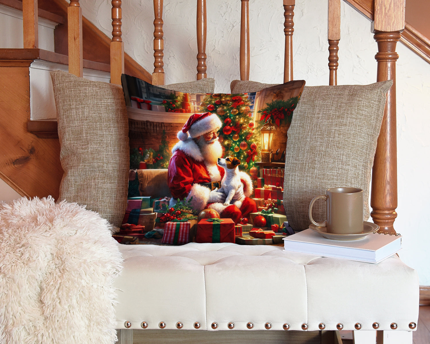 Jack Russell Terrier and Santa Claus Decorative Throw Pillow 14x14 Indoor Outdoor Accent Cushion, Fabric Cover with Insert for Sofa, Bed, Porch & Living Room