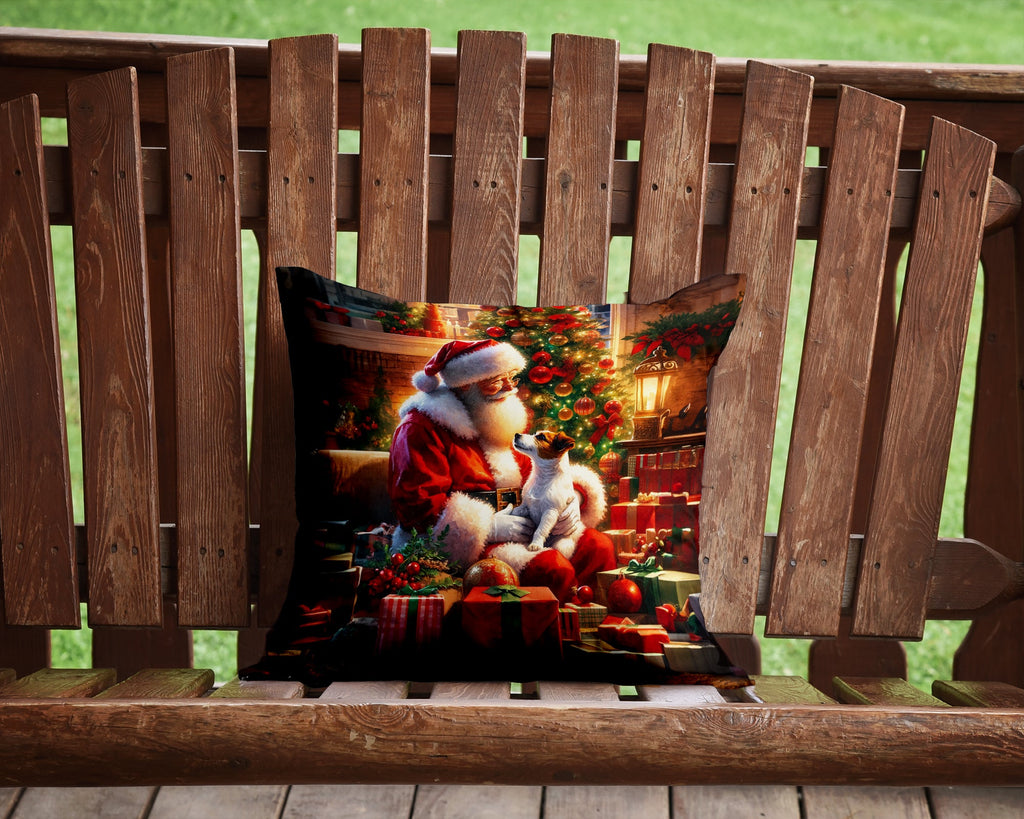 Jack Russell Terrier and Santa Claus Decorative Throw Pillow 14x14 Indoor Outdoor Accent Cushion, Fabric Cover with Insert for Sofa, Bed, Porch & Living Room