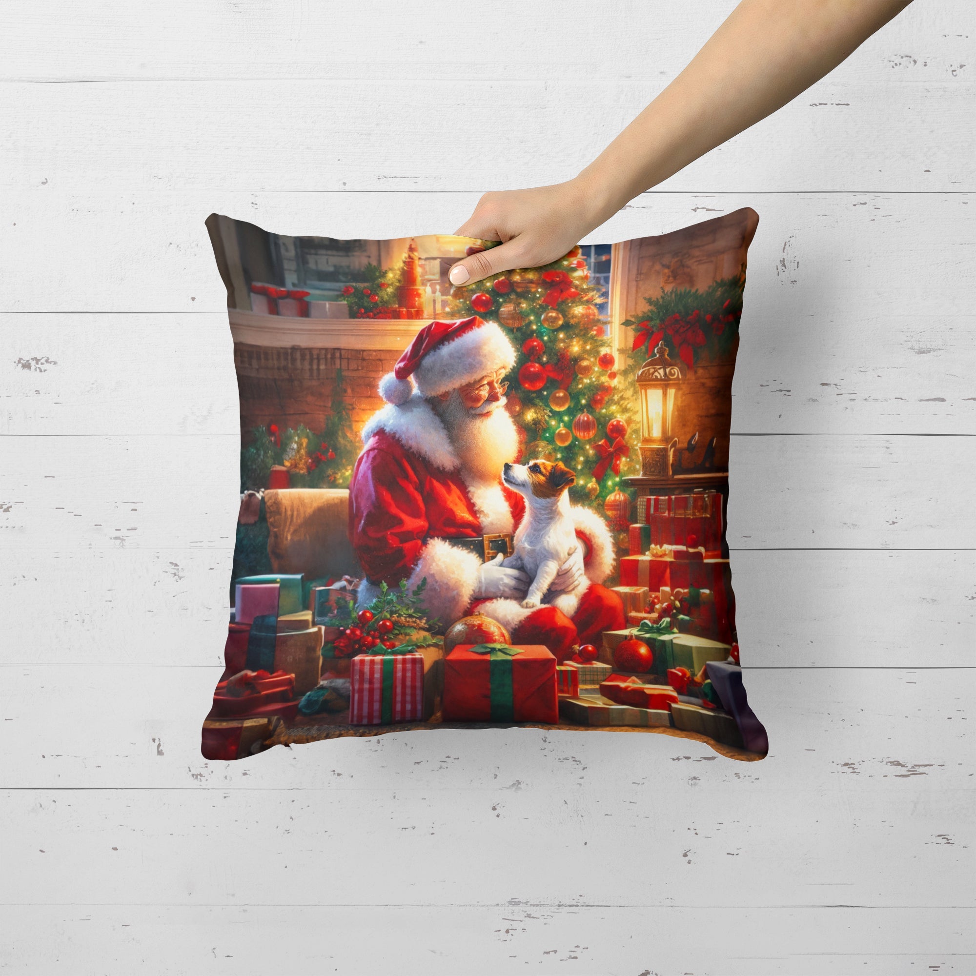 Jack Russell Terrier and Santa Claus Decorative Throw Pillow 18x18 Indoor Outdoor Accent Cushion, Fabric Cover with Insert for Sofa, Bed, Porch & Living Room