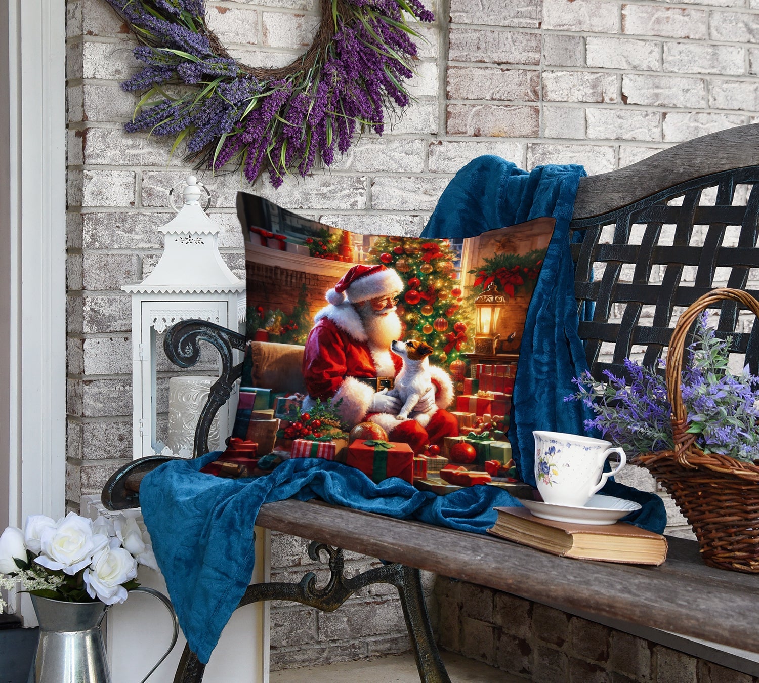 Jack Russell Terrier and Santa Claus Decorative Throw Pillow 18x18 Indoor Outdoor Accent Cushion, Fabric Cover with Insert for Sofa, Bed, Porch & Living Room