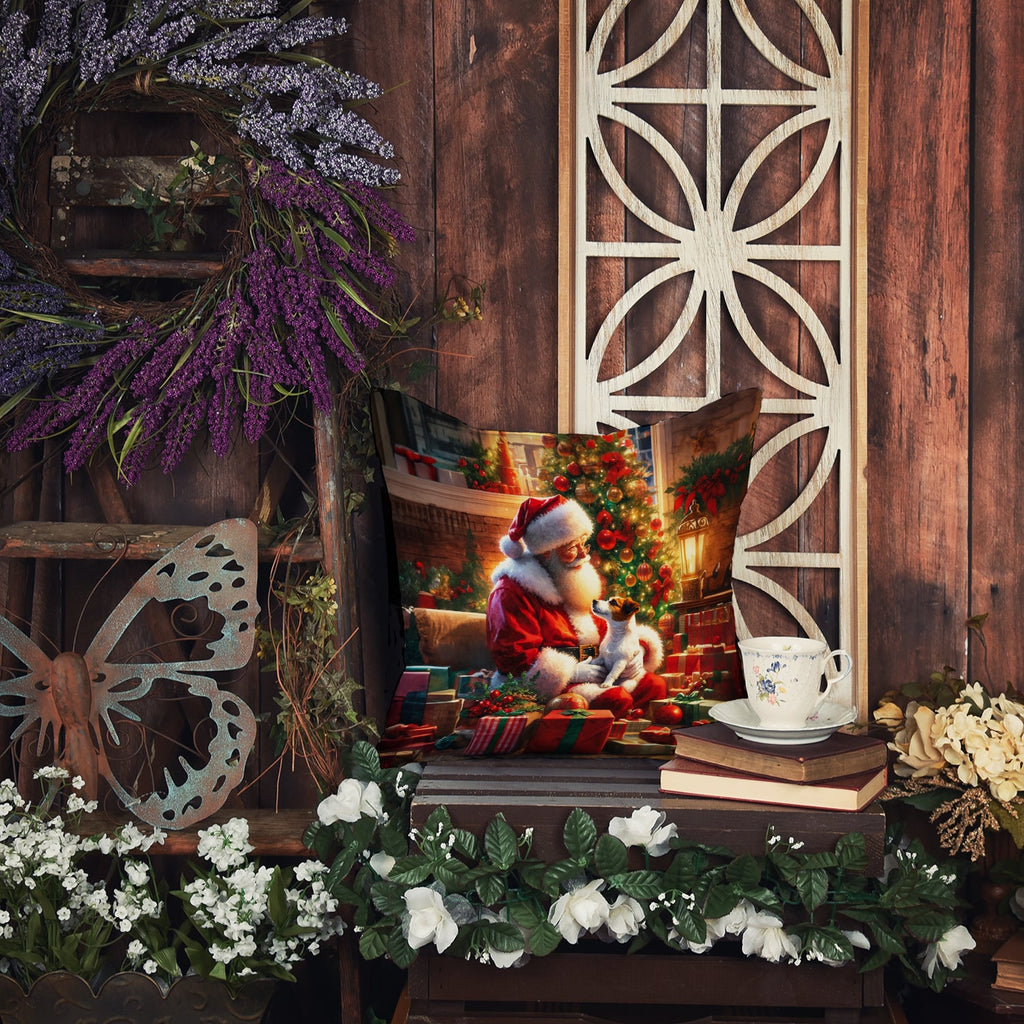 Jack Russell Terrier and Santa Claus Decorative Throw Pillow 18x18 Indoor Outdoor Accent Cushion, Fabric Cover with Insert for Sofa, Bed, Porch & Living Room