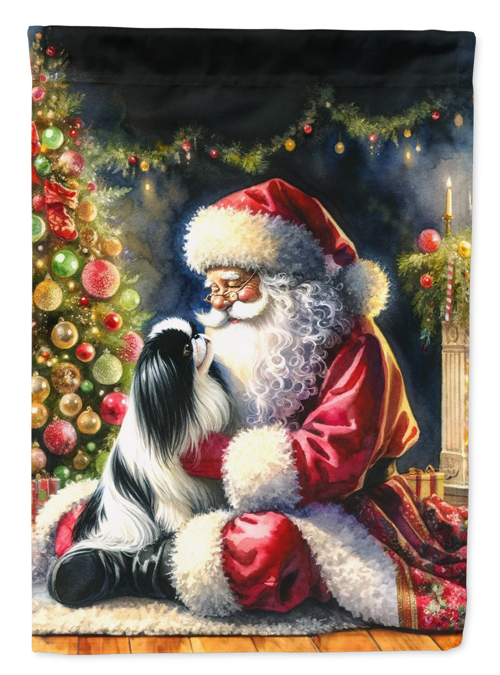 Japanese Chin and Santa Claus House Flag 28x40 Porch Sleeve Pole Decorative Outside Yard Banner Artwork Wall Hanging, Polyester