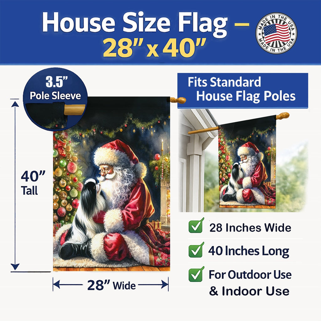 Japanese Chin and Santa Claus House Flag 28x40 Porch Sleeve Pole Decorative Outside Yard Banner Artwork Wall Hanging, Polyester