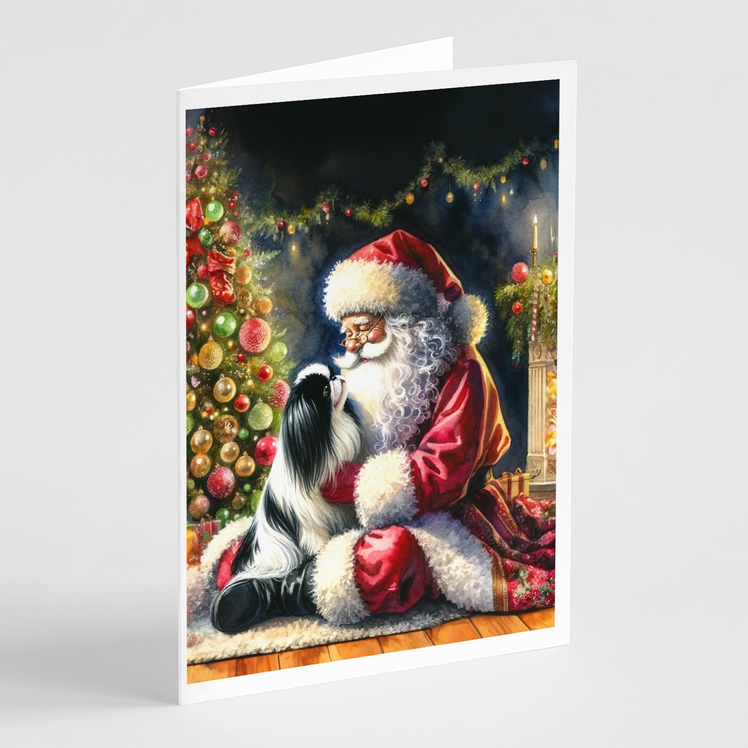 Japanese Chin and Santa Claus Greeting Cards Pack of 8 Blank Cards with Envelopes Whimsical A7 Size 5x7
