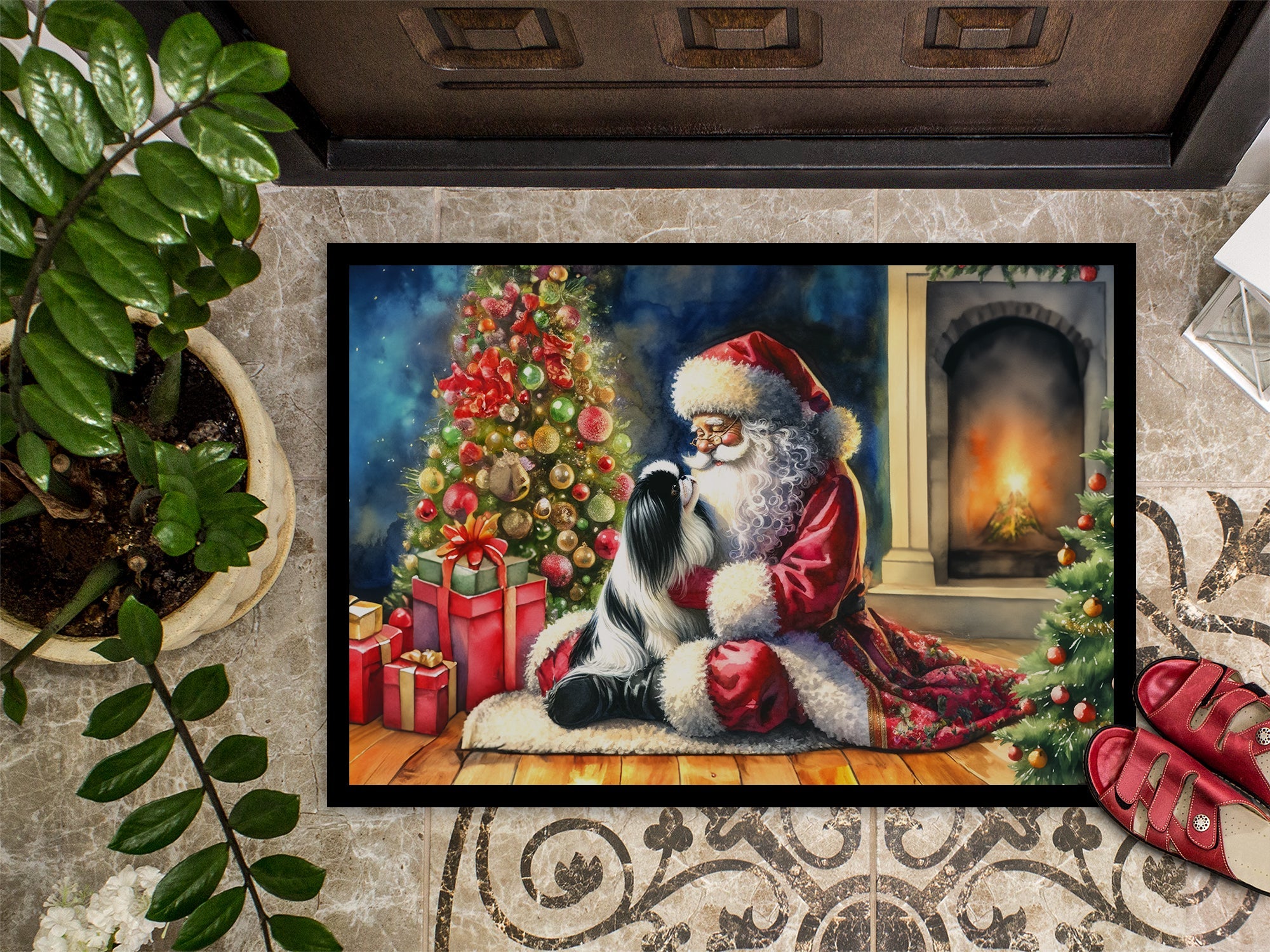 Japanese Chin and Santa Claus Doormat Indoor Outdoor 24H X 36W Front Door Mat Rugs for Entryway, Non Slip Washable Low Pile,