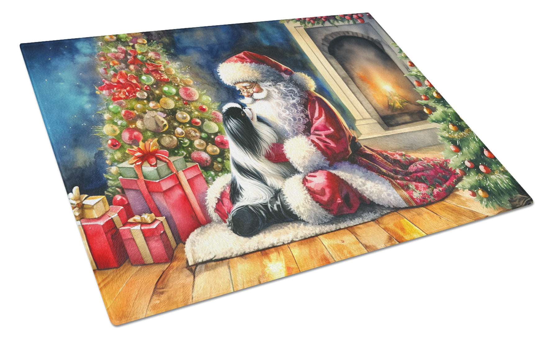 Japanese Chin and Santa Claus Cutting Board Tempered Glass Kitchen Cutting Surface, Heat Resistant Chopping, Non-Slip Feet, Food Prep & Serving