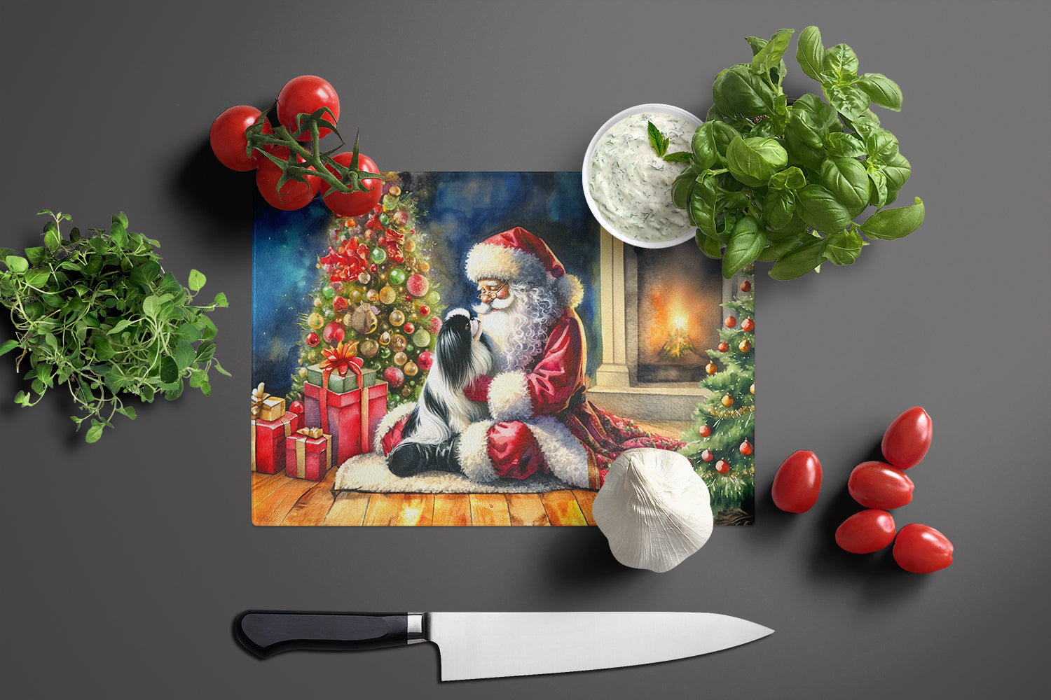 Japanese Chin and Santa Claus Cutting Board Tempered Glass Kitchen Cutting Surface, Heat Resistant Chopping, Non-Slip Feet, Food Prep & Serving