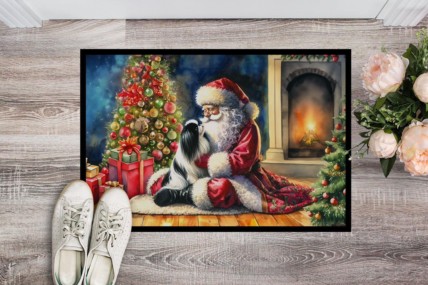 Japanese Chin and Santa Claus Doormat Indoor Outdoor 18H X 27W Front Door Mat Rugs for Entryway, Non Slip Washable