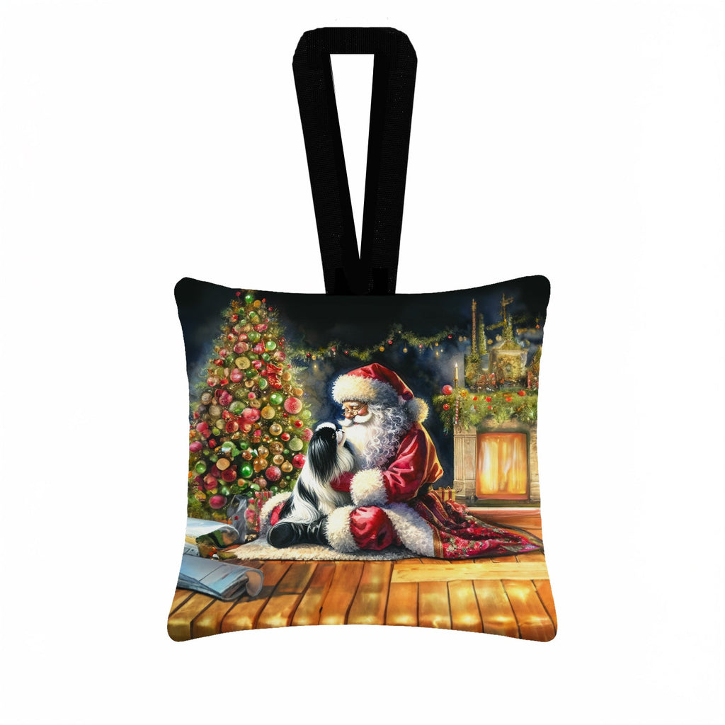 Japanese Chin and Santa Claus Hanging Square Fabric Ornament 3.5 × 3.5 Decorative Door-Knob & Tree Hanger, Soft Fabric