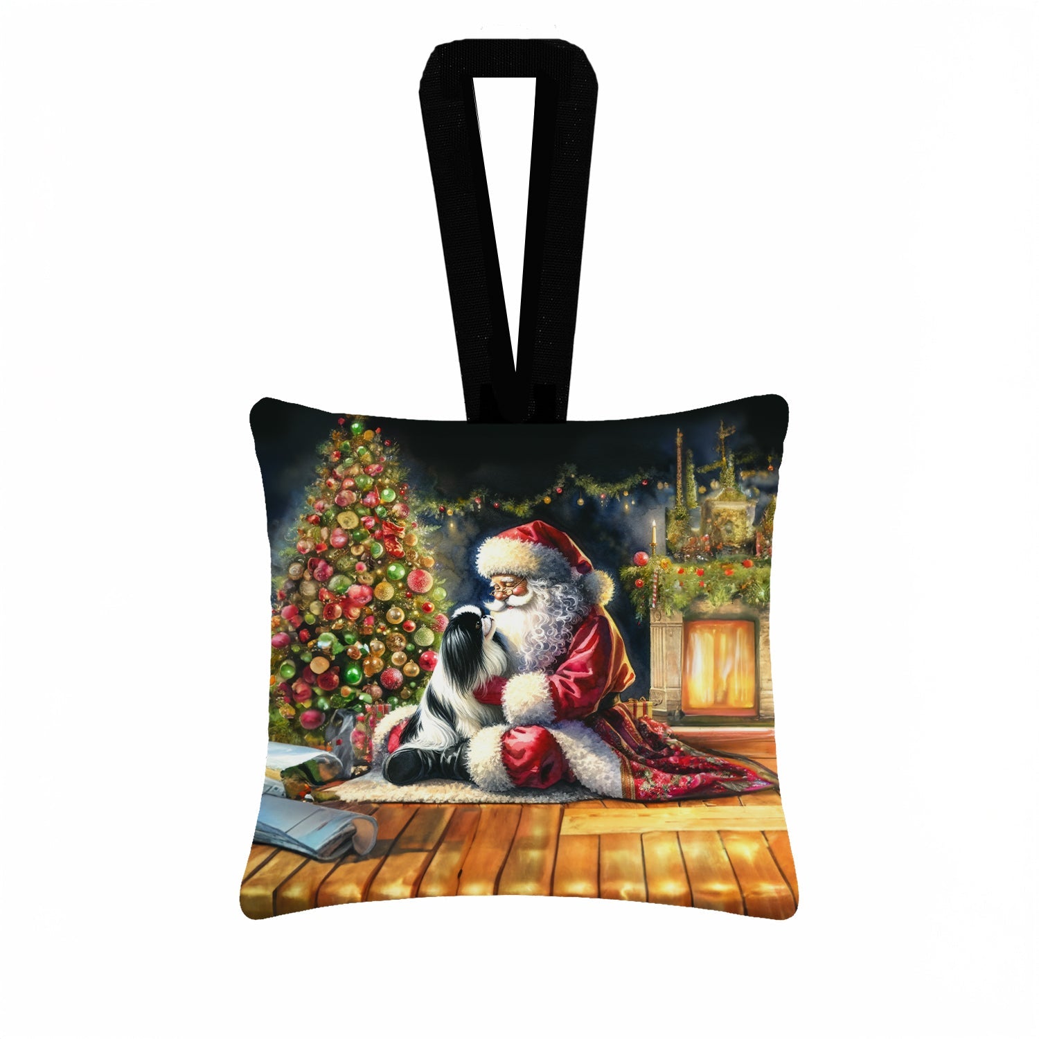 Japanese Chin and Santa Claus Hanging Square Fabric Ornament 3.5 × 3.5 Decorative Door-Knob & Tree Hanger, Soft Fabric