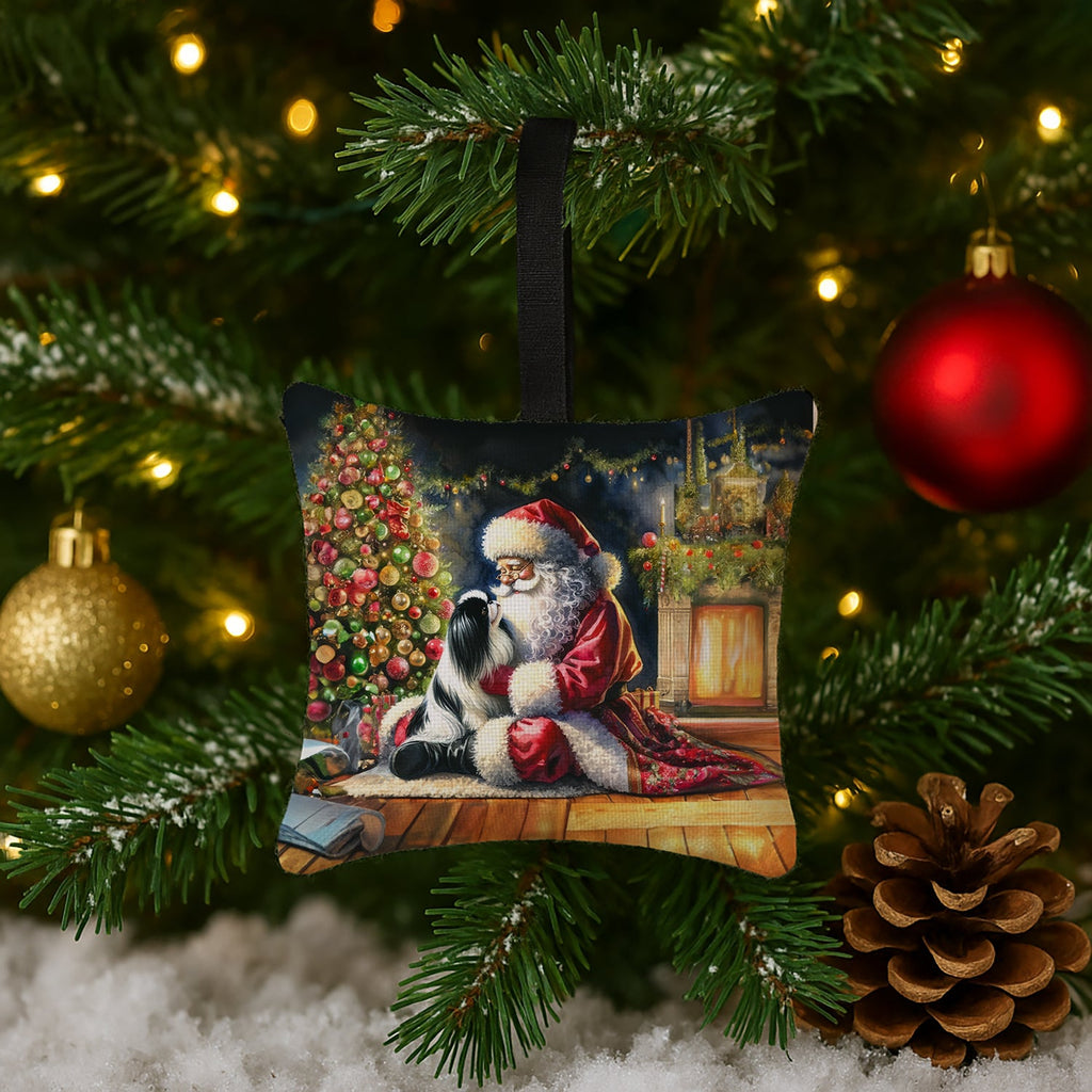 Japanese Chin and Santa Claus Hanging Square Fabric Ornament 3.5 × 3.5 Decorative Door-Knob & Tree Hanger, Soft Fabric