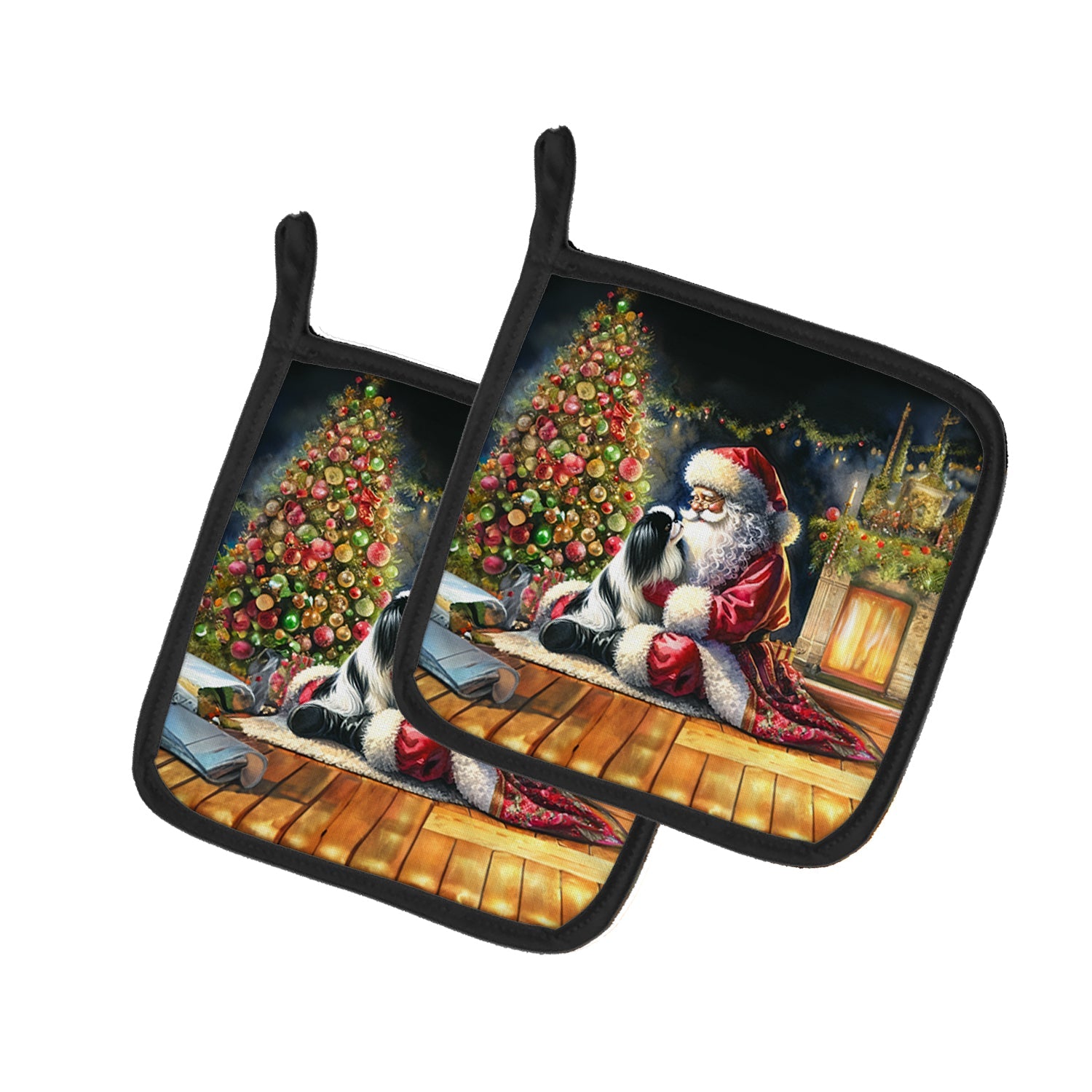 Japanese Chin and Santa Claus Pot Holder Set of 2 Heat Resistant Quilted Hot Pads 7.5 x 7.5 Inch, Insulated Kitchen Trivets for Cooking & Baking