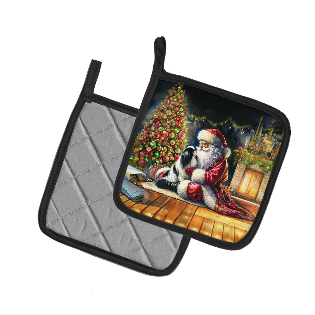 Japanese Chin and Santa Claus Pot Holder Set of 2 Heat Resistant Quilted Hot Pads 7.5 x 7.5 Inch, Insulated Kitchen Trivets for Cooking & Baking