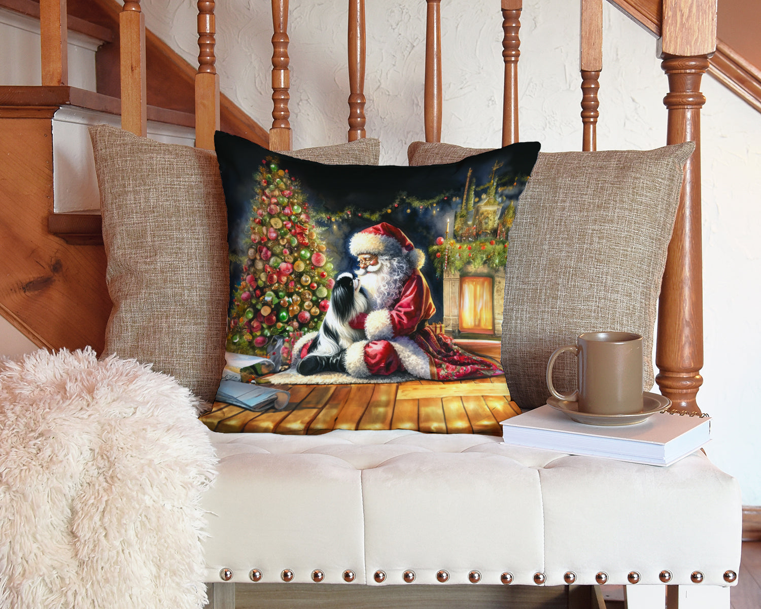 Japanese Chin and Santa Claus Decorative Throw Pillow 14x14 Indoor Outdoor Accent Cushion, Fabric Cover with Insert for Sofa, Bed, Porch & Living Room