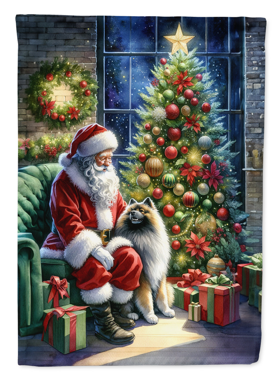 Keeshond and Santa Claus House Flag 28x40 Porch Sleeve Pole Decorative Outside Yard Banner Artwork Wall Hanging, Polyester