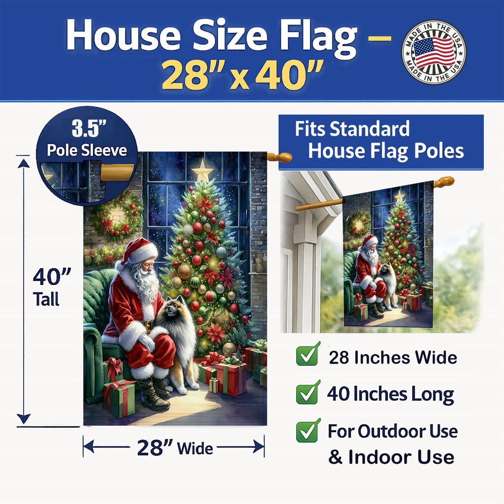Keeshond and Santa Claus House Flag 28x40 Porch Sleeve Pole Decorative Outside Yard Banner Artwork Wall Hanging, Polyester
