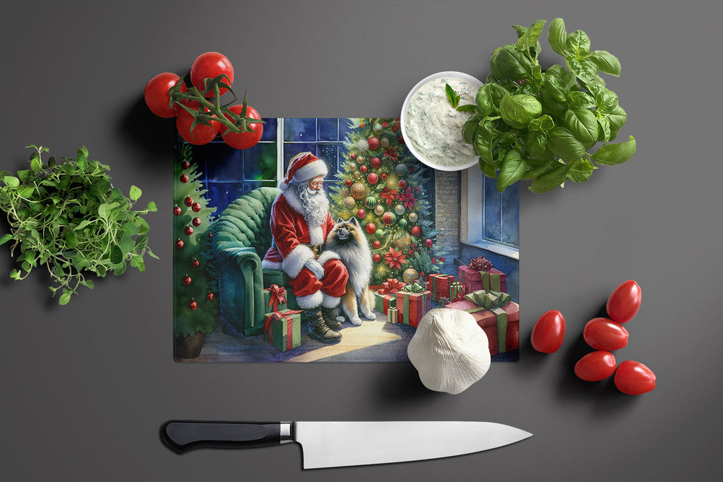Keeshond and Santa Claus Cutting Board Tempered Glass Kitchen Cutting Surface, Heat Resistant Chopping, Non-Slip Feet, Food Prep & Serving