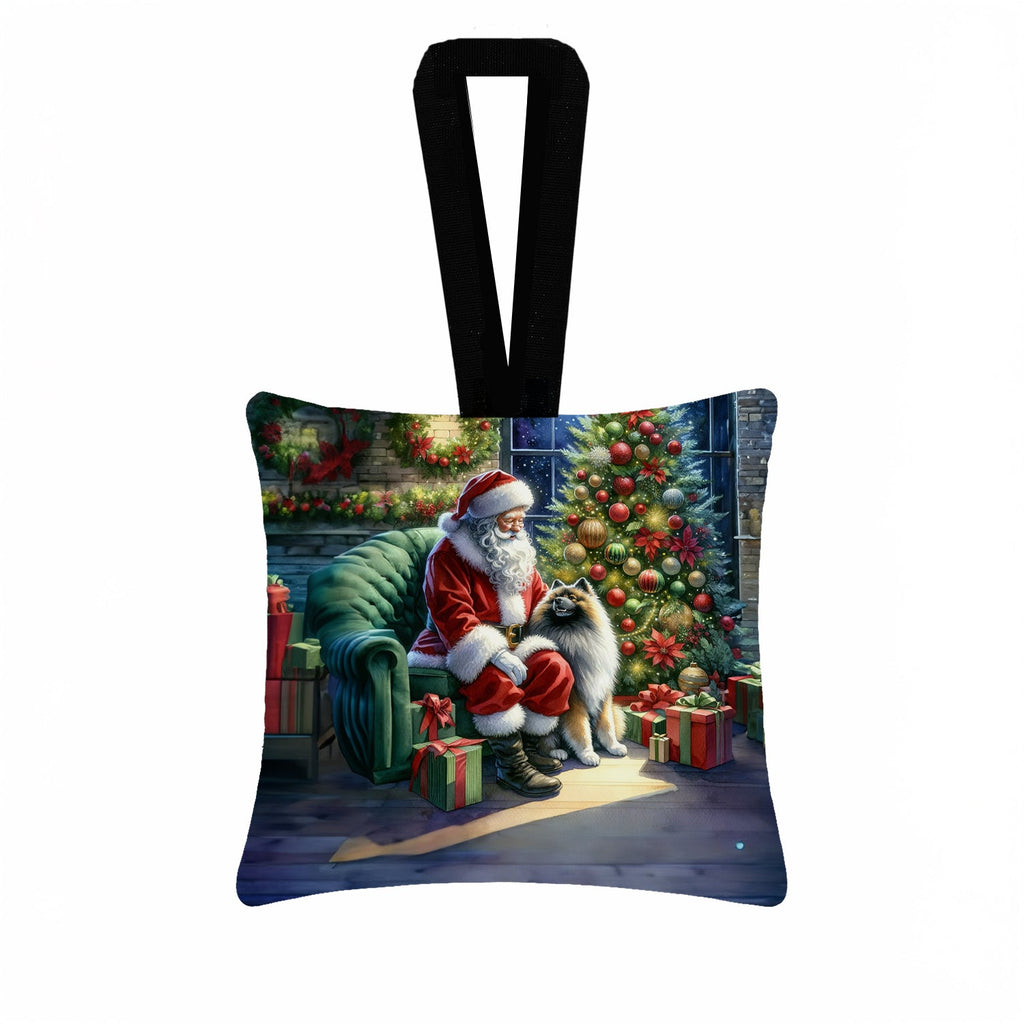 Keeshond and Santa Claus Hanging Square Fabric Ornament 3.5 × 3.5 Decorative Door-Knob & Tree Hanger, Soft Fabric