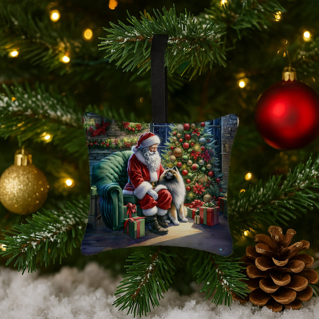 Keeshond and Santa Claus Hanging Square Fabric Ornament 3.5 × 3.5 Decorative Door-Knob & Tree Hanger, Soft Fabric