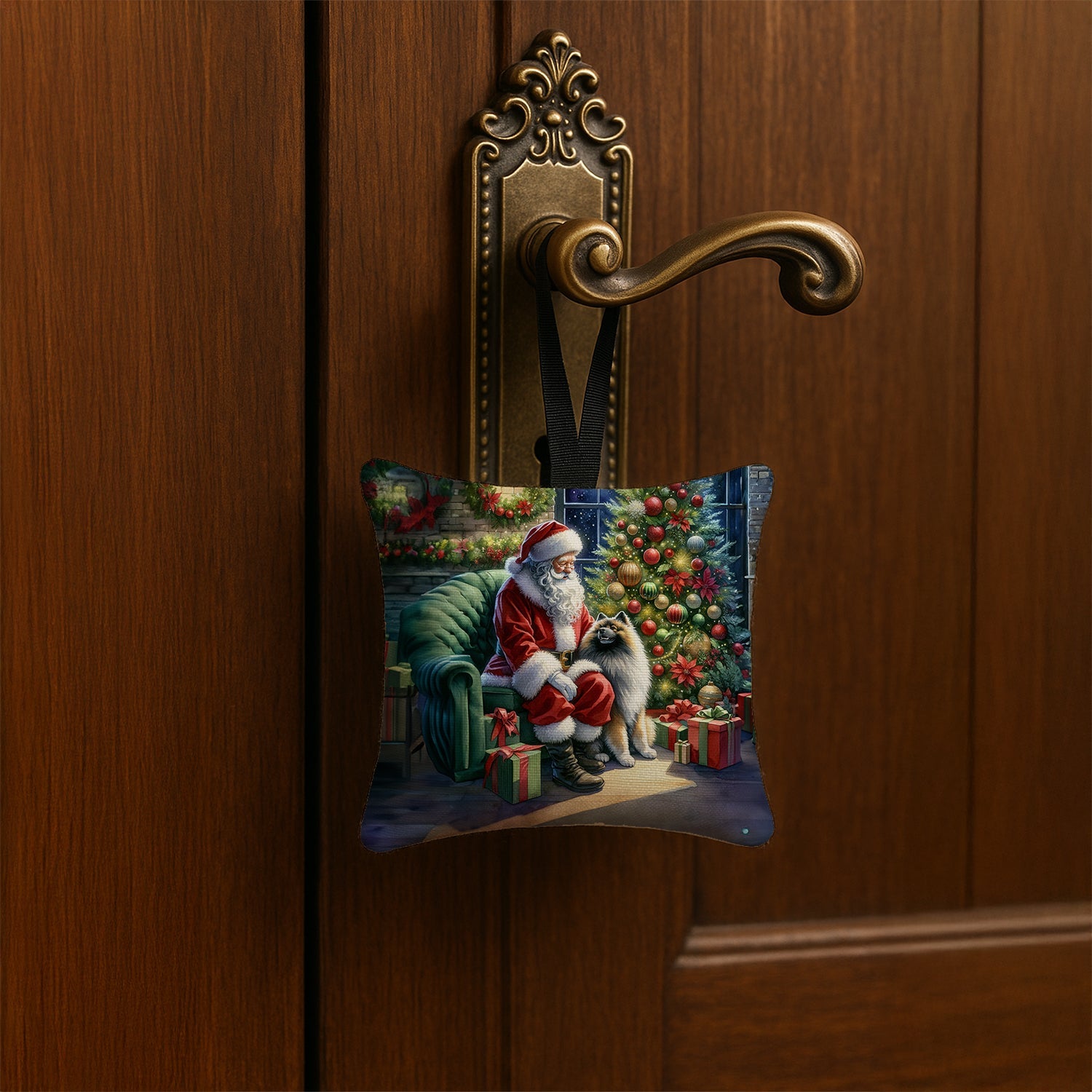 Keeshond and Santa Claus Hanging Square Fabric Ornament 3.5 × 3.5 Decorative Door-Knob & Tree Hanger, Soft Fabric