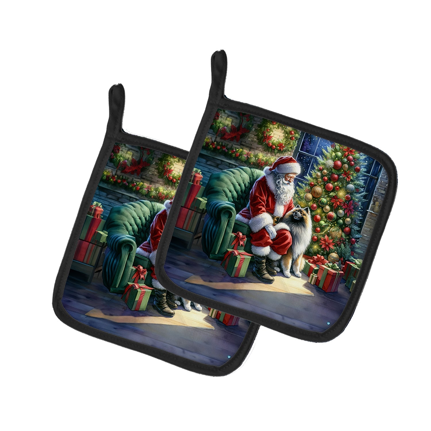 Keeshond and Santa Claus Pot Holder Set of 2 Heat Resistant Quilted Hot Pads 7.5 x 7.5 Inch, Insulated Kitchen Trivets for Cooking & Baking