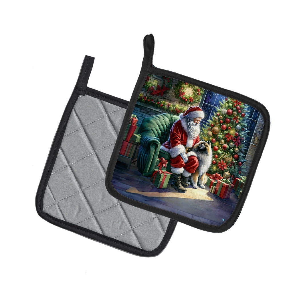 Keeshond and Santa Claus Pot Holder Set of 2 Heat Resistant Quilted Hot Pads 7.5 x 7.5 Inch, Insulated Kitchen Trivets for Cooking & Baking