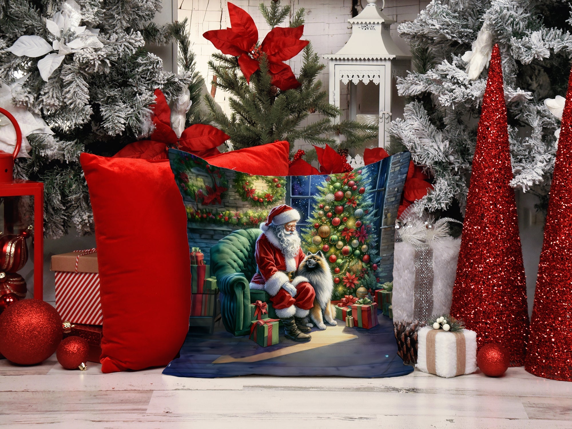 Keeshond and Santa Claus Decorative Throw Pillow 14x14 Indoor Outdoor Accent Cushion, Fabric Cover with Insert for Sofa, Bed, Porch & Living Room