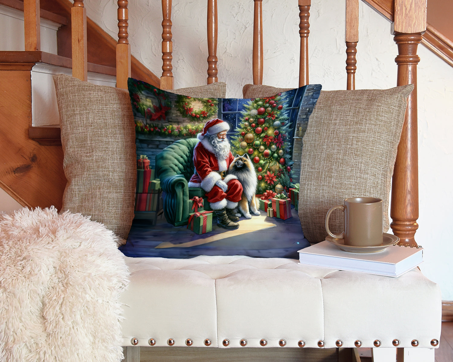 Keeshond and Santa Claus Decorative Throw Pillow 14x14 Indoor Outdoor Accent Cushion, Fabric Cover with Insert for Sofa, Bed, Porch & Living Room