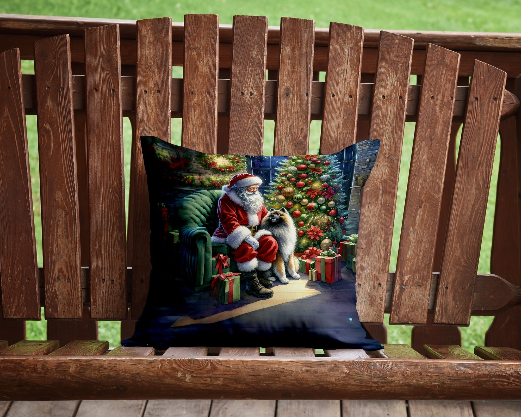 Keeshond and Santa Claus Decorative Throw Pillow 14x14 Indoor Outdoor Accent Cushion, Fabric Cover with Insert for Sofa, Bed, Porch & Living Room