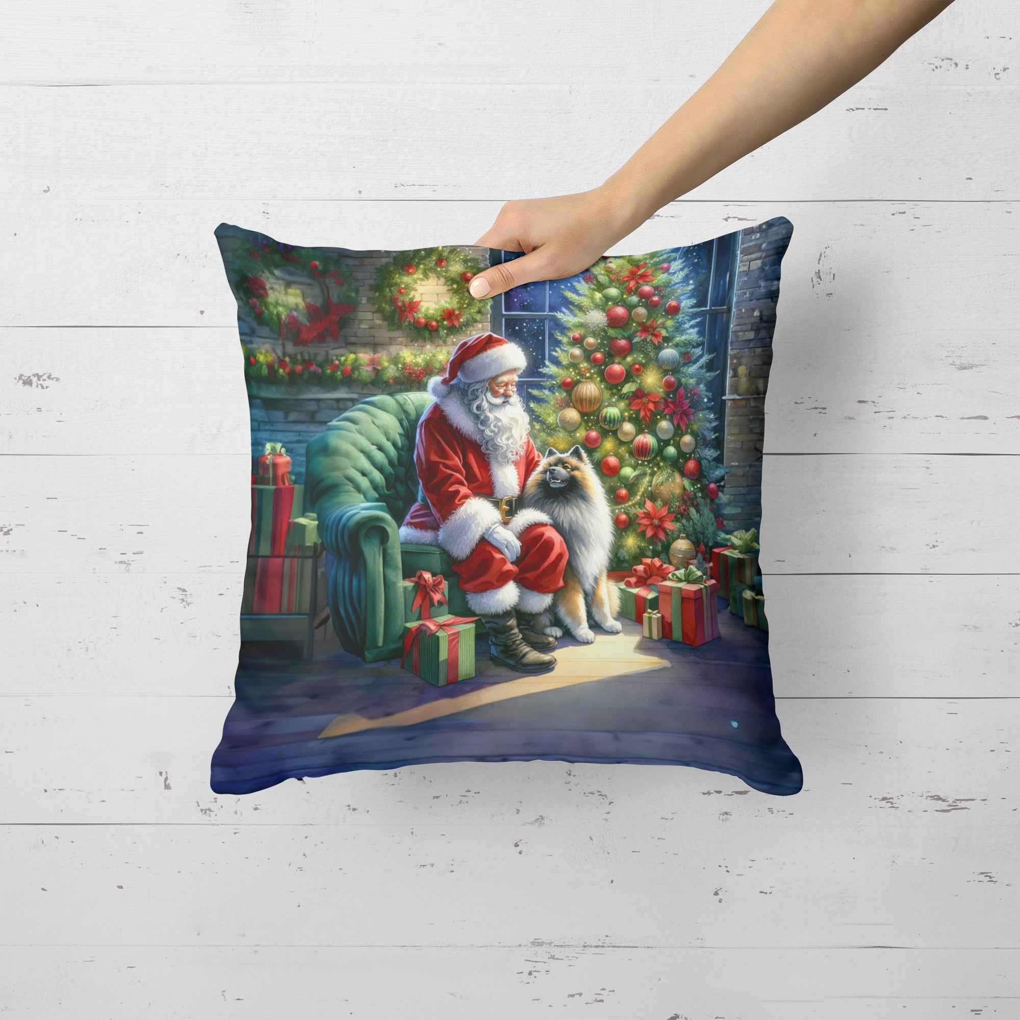 Keeshond and Santa Claus Decorative Throw Pillow 18x18 Indoor Outdoor Accent Cushion, Fabric Cover with Insert for Sofa, Bed, Porch & Living Room