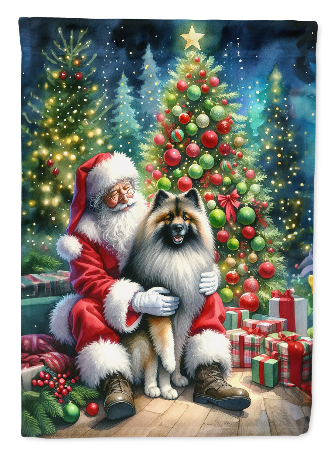Keeshond and Santa Claus House Flag 28x40 Porch Sleeve Pole Decorative Outside Yard Banner Artwork Wall Hanging, Polyester