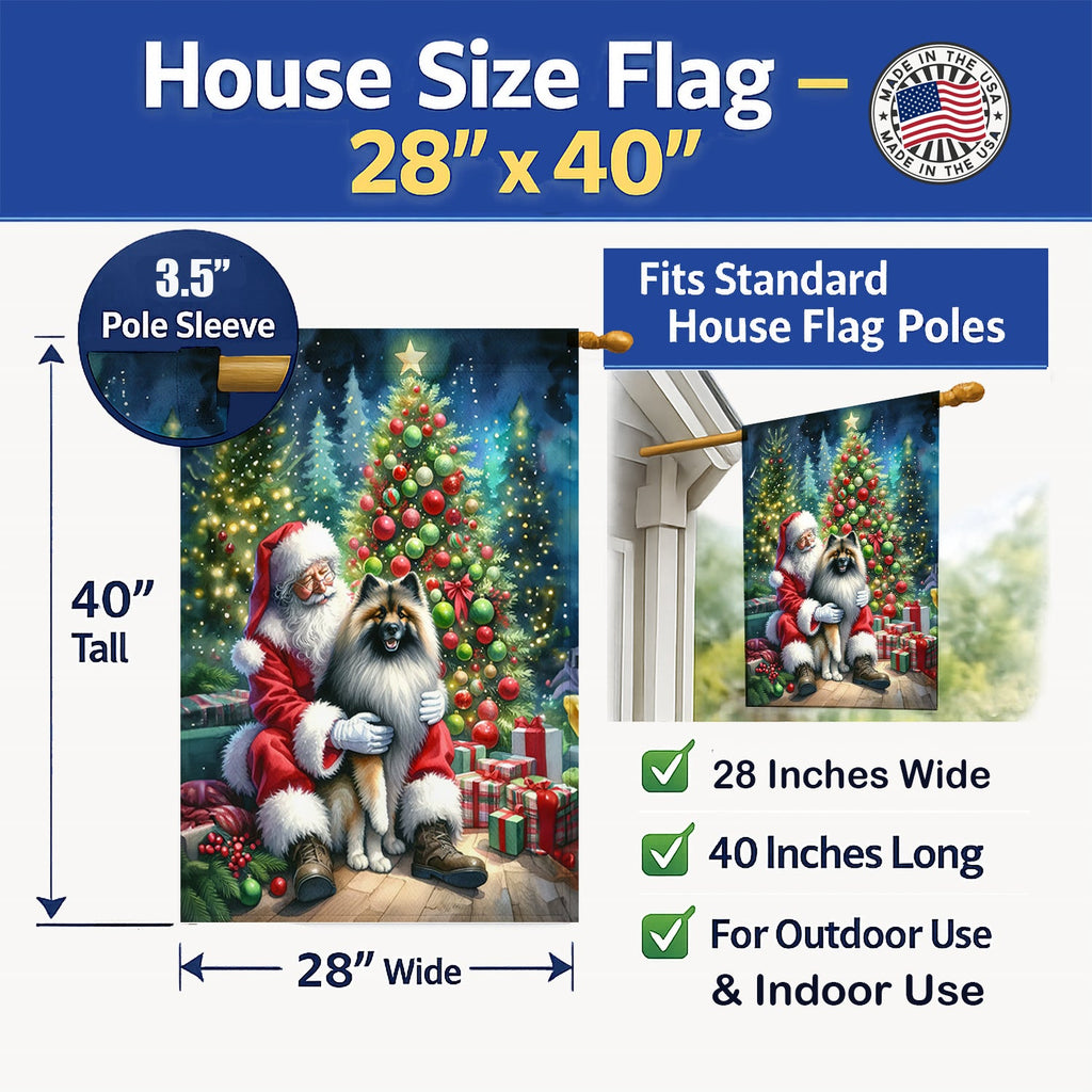 Keeshond and Santa Claus House Flag 28x40 Porch Sleeve Pole Decorative Outside Yard Banner Artwork Wall Hanging, Polyester